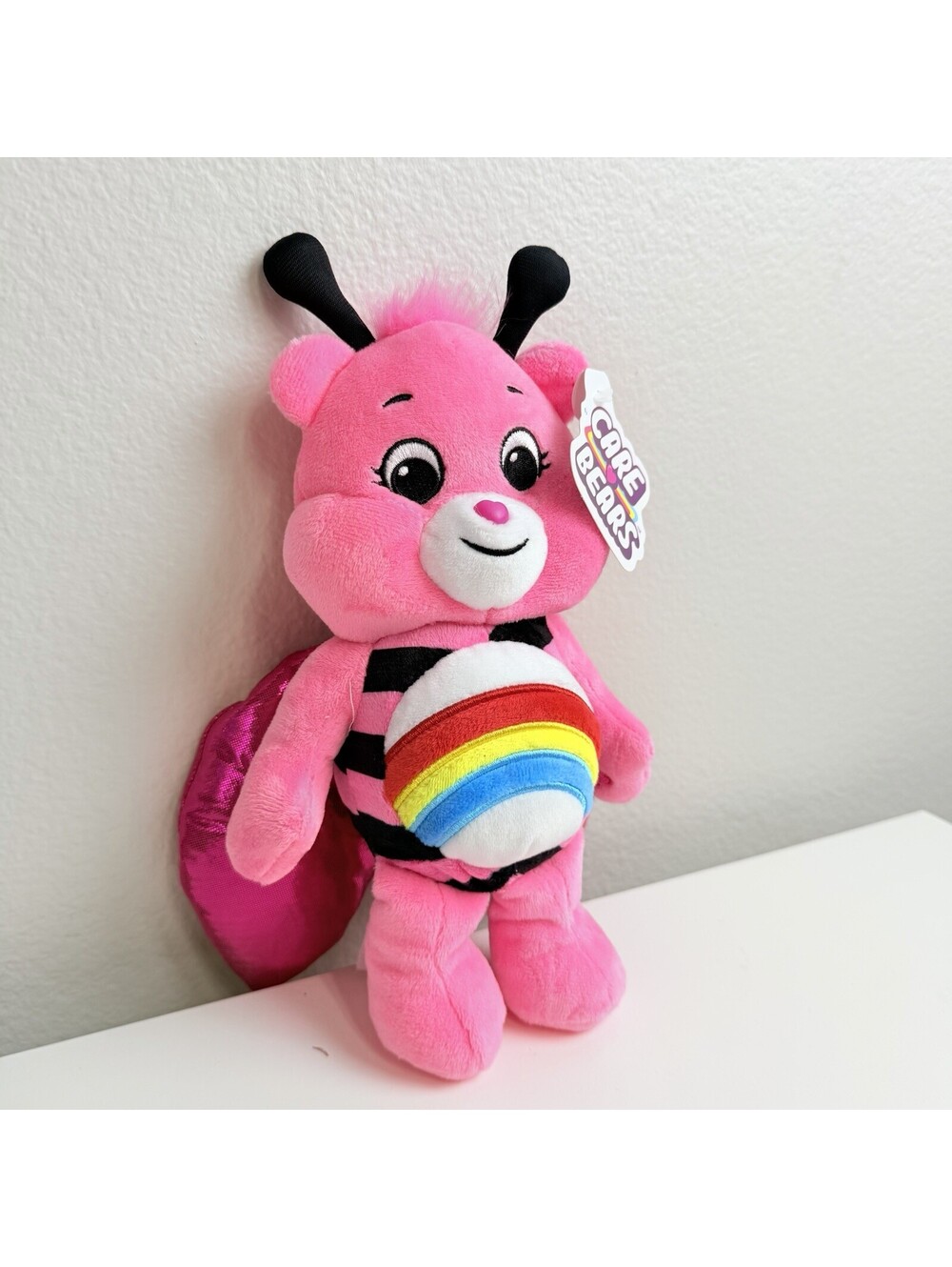 Care Bears Rainbow Cheer Bear Pink Ladybug Plush Stuffed Animal Doll 11”